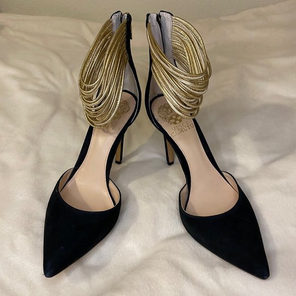 Vince Cameo Nayz Black Suede & Gold Leather Heels (US 7M; Worn by Usual 7.5/8) - Picture 1 of 10